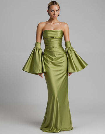 Turkos Puffärm Rynkad Axelbandslös Sjöjungfru Aftonklänning